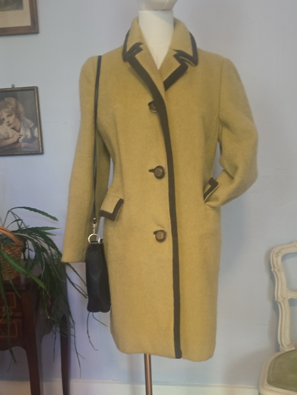 VINTAGE Mustard Yellow Tyrollean Wool Coat Fully Lined M With Brass Buttons